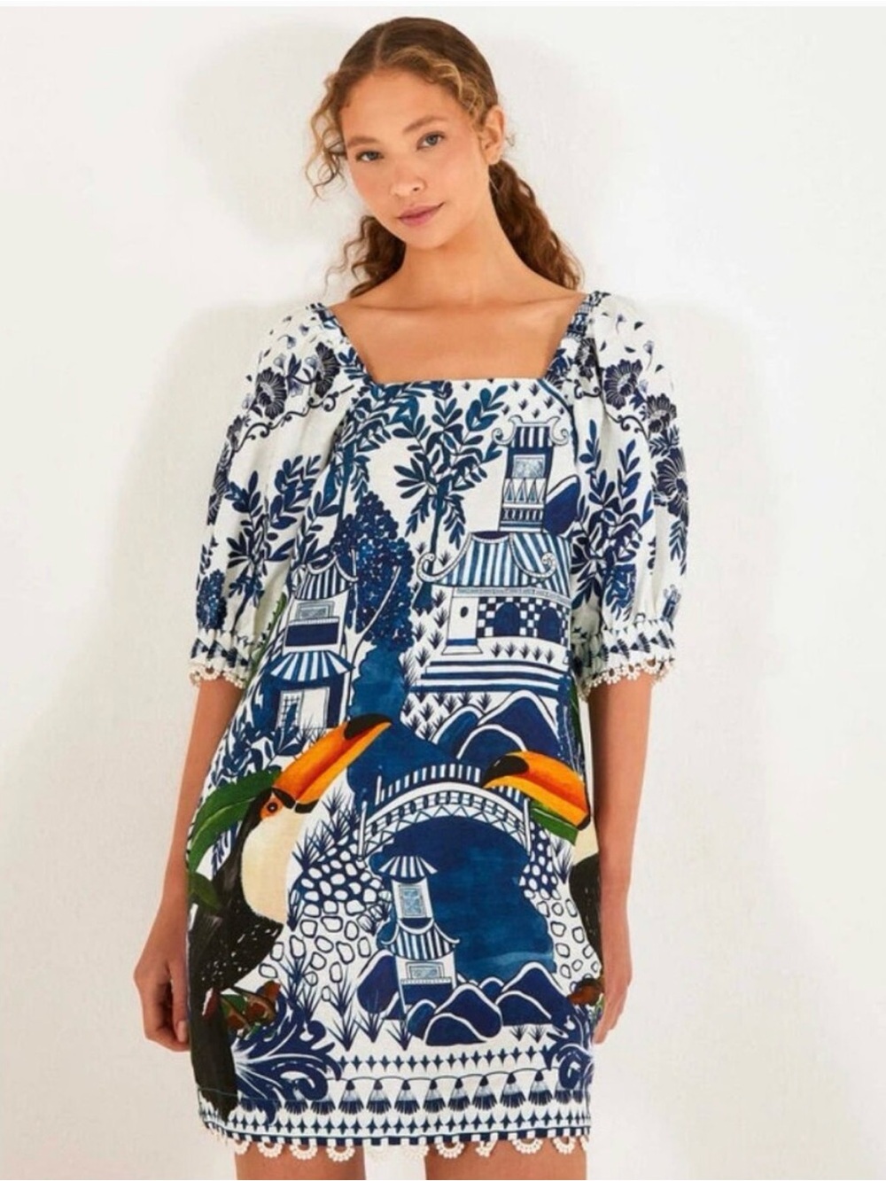 FARM Rio Blue & White Toucan Mini Dress with Colorful Toucan Accents